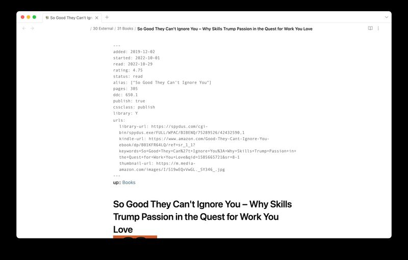 Screenshot of book note in Obsidian. Frontmatter takes up a lot of space.